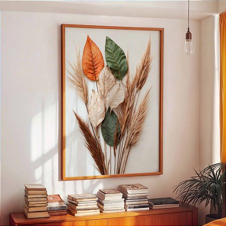 Quadro Decorativo Folhas Secas Tons Laranja Verde Trigo Natureza