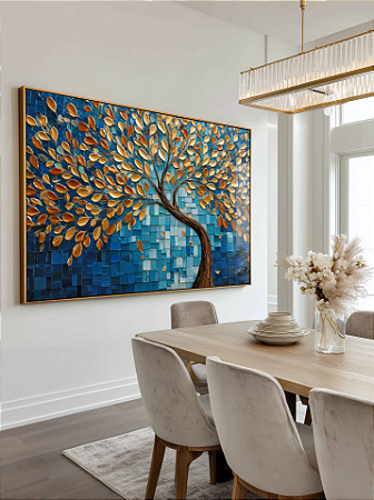 Quadro Decorativo Árvore da Vida Tom Azul Folhas Douradas Natureza
