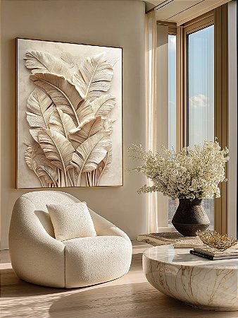 Quadro Decorativo Folhas Efeito 3D Folhagens Tons Claros Natureza