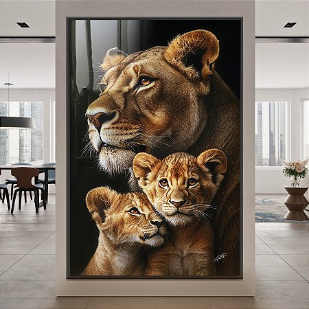 Quadro Decorativo Leoa 2 Filhotes Maternal Animais Família