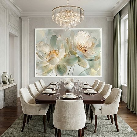 Quadro Decorativo Floral Flores Tons Claros Verde Branco Luxo Natureza