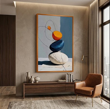 Quadro Decorativo Abstrato Pedras Coloridas Círculos Tons Azul Laranja