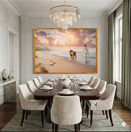Quadro Decorativo Jesus Caminhando Leão Judá Praia Mar Ondas Fé Religião