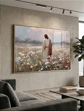 Quadro Decorativo Jesus Caminhando Campo de Flores Religioso Religião Espiritualidade