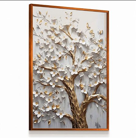 Quadro Árvore da Vida Tons Dourado e Flores Brancas Luxo Delicadas