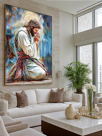 Quadro Decorativo Jesus Orando Efeito Pintura Tons Azul Religião