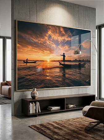 Quadro Decorativo Pescador Natureza Sol Mar Rio Paisagem