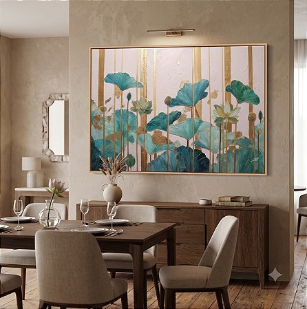 Quadro Decorativo Flores Tons Verde Dourado Delicadas Lótus Pintura