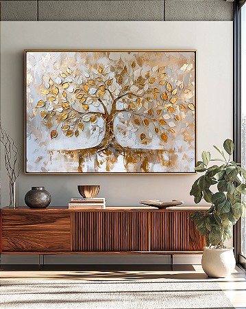 Quadro Decorativo Árvore da Vida Folhas Douradas com Brancas Delicadas
