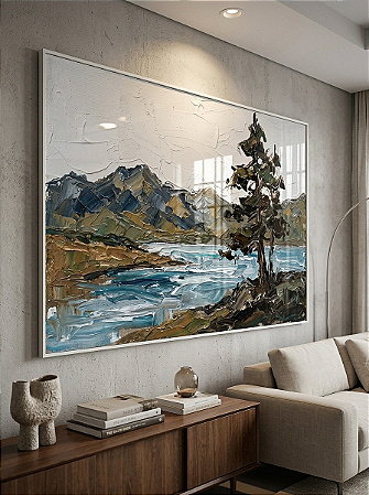 Quadro Decorativo Paisagem Árvore Rio Montanhas Natureza Pintura