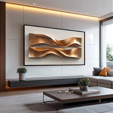 Quadro Decorativo Abstrato Gold Tons Dourado Curvas Linhas Ondas