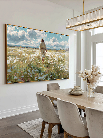 Quadro Decorativo Jesus Caminhando Campo Orvalho Flores Religioso Oração
