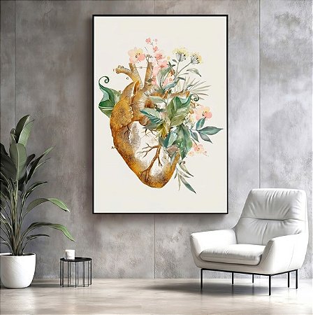 Quadro Decorativo Anatomia do Coração Medicina Consultório Flores Tons Verdes