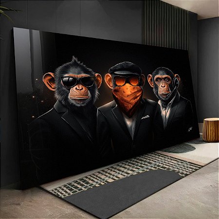 Quadro Decorativo Macacos Usando Terno Óculos Fone Máscara