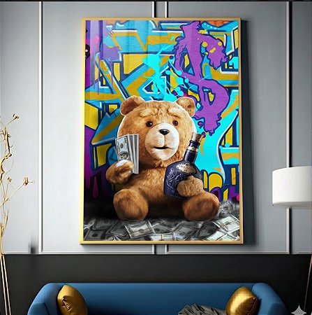 Quadro Decorativo Urso Bebendo Dinheiro Money Dólares Negócios