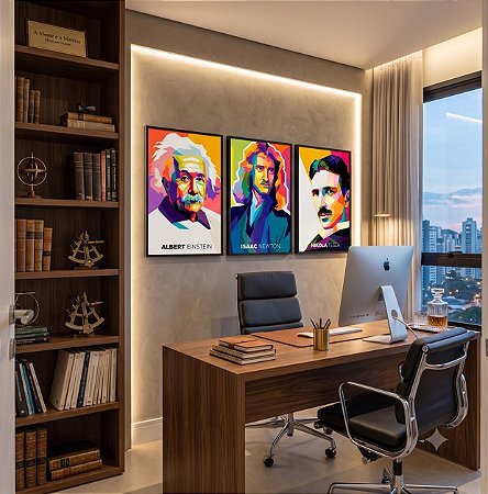 Quadro Decorativo Kit 3 Albert Einstein Nikola Tesla Isaac Newton Negócios