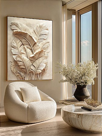 Quadro Decorativo Folhas Efeito 3D Folhagens Tons Claros Natureza