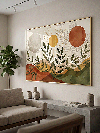 Quadro Decorativo Abstrato Floral Geométrico Folhagem Estilo Boho Sol Montanha