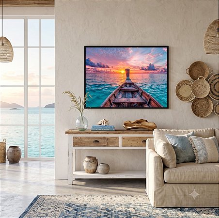 Quadro Decorativo Barco Vista Por do Sol Mar Azul Natureza