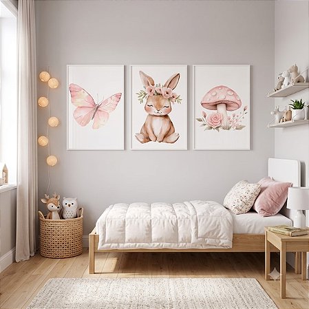 Kit 3 Quadros Decorativos Infantil Coelhinha Cogumelo Flores Borboleta Rosa