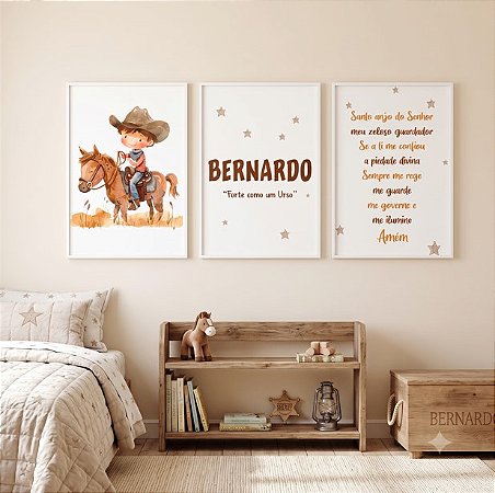 Kit 3 Quadros Cowboy Menino Oração Nome Personalizado Quarto Infantil Cavalinho