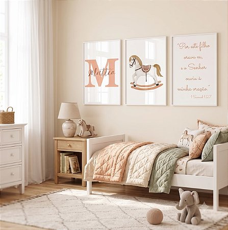 Kit 3 Quadros Decorativos Infantil Cavalinho Branco Oração Nome Personalizado Quarto