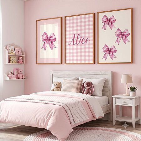 Kit 3 Quadros Decorativos Infantil Laço Xadrez Rosa Nome Personalizado