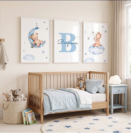 Kit 3 Quadros Infantil Ursinho Nome Personalizado Pescando Lua Estrelas Tons Azuis Quarto