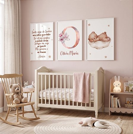 Kit 3 Quadros Decorativos Infantil Ursinho Nuvem Nome Personalizado Oração
