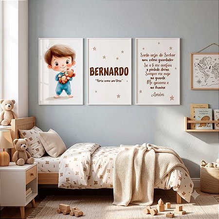 Quadros Decorativos Kit 3 Infantil Menino Ursinho Nome Oração Quarto Personalizado