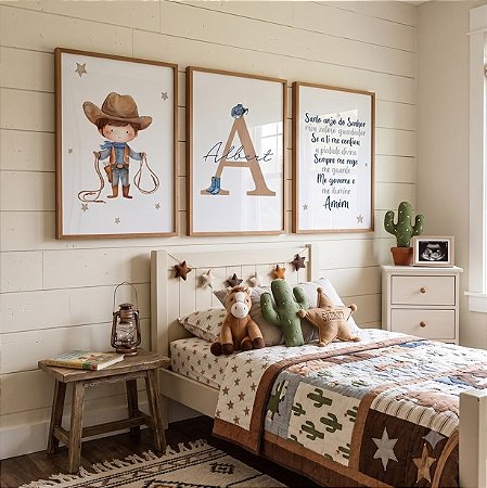 Quadro Decorativo Infantil Nome Personalizado Cowboy Chapéu Oração Santo Anjo kit 3