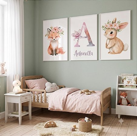 Quadro Decorativo Infantil Raposinha Coelhinha Nome Personalizado Flores Kit 3 Quadros