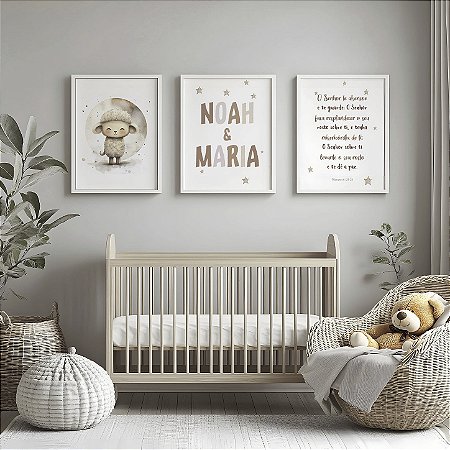 Quadro Decorativo Infantil Kit 3 Infantil Ovelhinha Oração Salmos Nome Personalizado