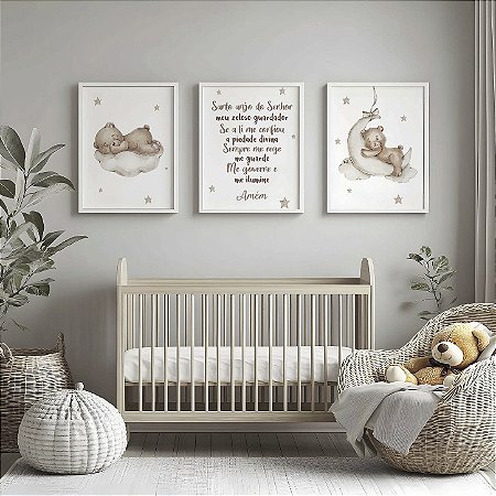 Quadro Decorativo Infantil Ursinho Bege Dormindo Nuvem Lua Estrelas Oração Santo Anjo Kit 3 Quadros