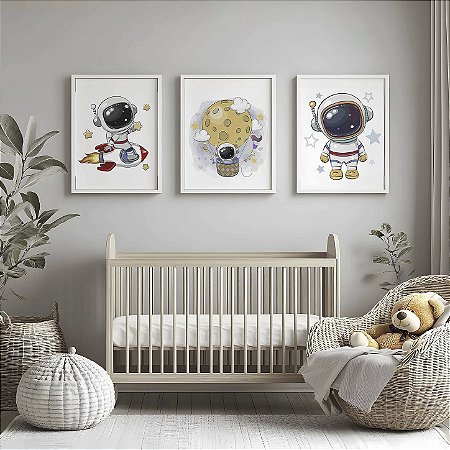Quadro Decorativo Astronauta Foguete Balão Menino Lua Estrelas Kit 3 Quadros