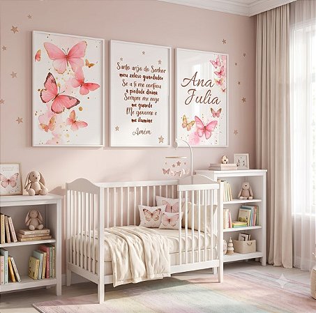 Quadro Decorativo Borboletas Rosa Dourado Nome Personalizado Oração Santo Anjo Kit 3 Quadros