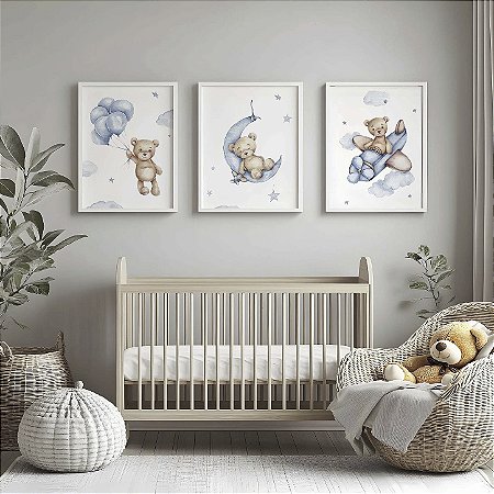 Quadro Decorativo Infantil Ursinho Azul Lua Aviãozinho Balões Nuvens kit 3