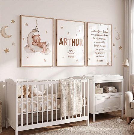 Quadro Decorativo Infantil Personalizado Oração Ursinho Lua Nome Personalizado Kit 3 Quadros