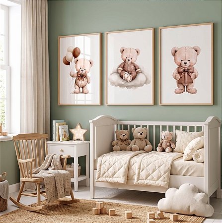 Kit 3 Quadros Decorativos Ursinho Tons Marrom Balões Nuvem Lacinho