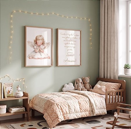 Kit 2 Quadros Decorativos Infantil Anjinha Oração Santo Anjo Quarto Menina
