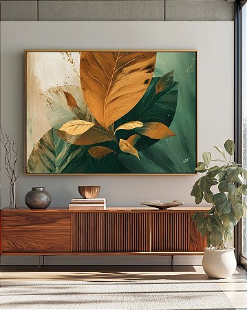 Quadro Decorativo Arte Botânica Abstrata Folhagem Folhas Tons Verde Dourado Laranja Natureza