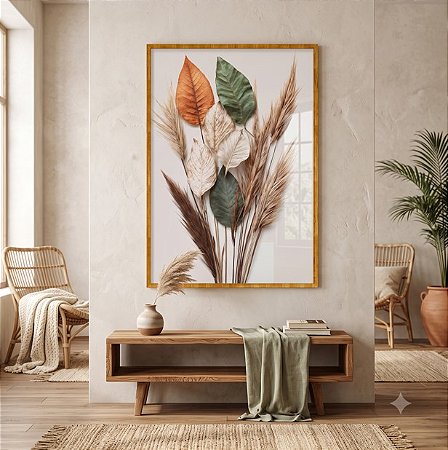 Quadro Decorativo Folhas Secas Tons Laranja Verde Trigo Natureza