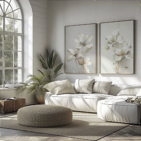 Quadro Decorativo Flores Delicadas Folhas Pétalas Brancas Natureza Clean