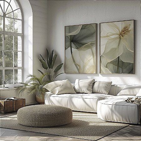 Quadro Decorativo Arte Floral Pétalas Delicadas Tons Verde e Bege Natureza Clean