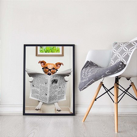 Quadro Decorativo Cachorro Vira Lata Óculos Simpático Lendo Jornal Banheiro