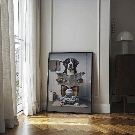Quadro Decorativo Cachorro Simpático Lendo Jornal Banheiro Berner Sennenhund Buldog
