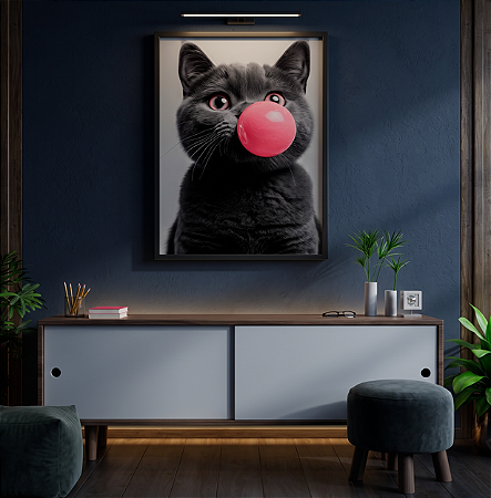 Quadro Decorativo Gatinho Cinza Gato Mascando Chiclete Cat Animais