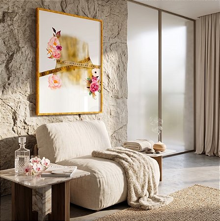 Quadro Decorativo Nutrição Nutricionista Cintura Saúde Corpo Feminino Fita Métrica Flores Rosas
