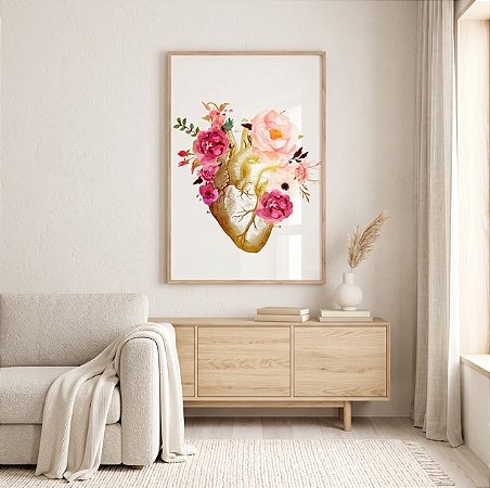 Quadro Decorativo Anatomia Coração Flores Medicina Psicologia