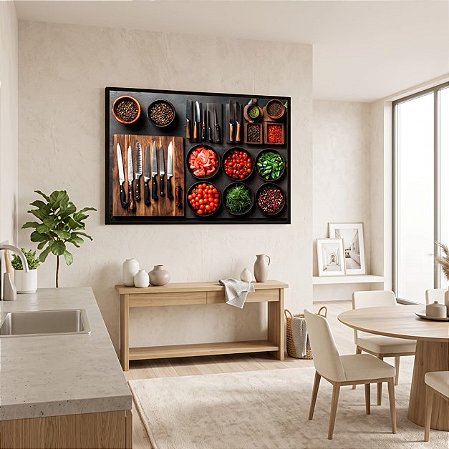 Quadro Decorativo Temperos Folhas Tomate Facas Churrasco Mise en Place
